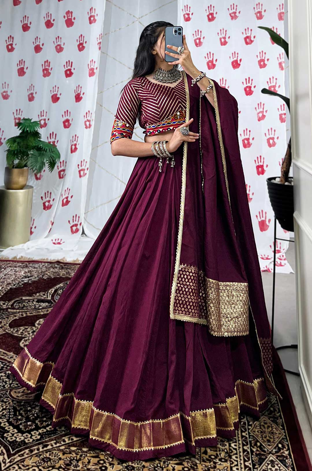 Wine Chanderi Zari Weaving Lehenga Choli with Dupatta