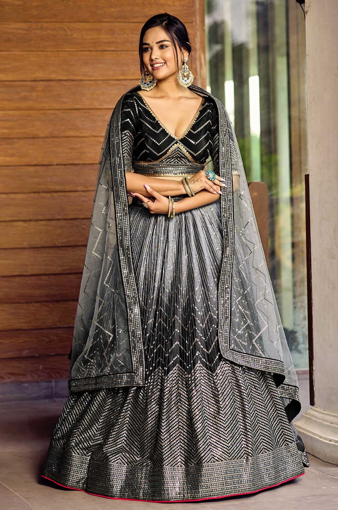 Black Chinon Designer Lehenga Choli with Sequin and Thread Embroidery Work