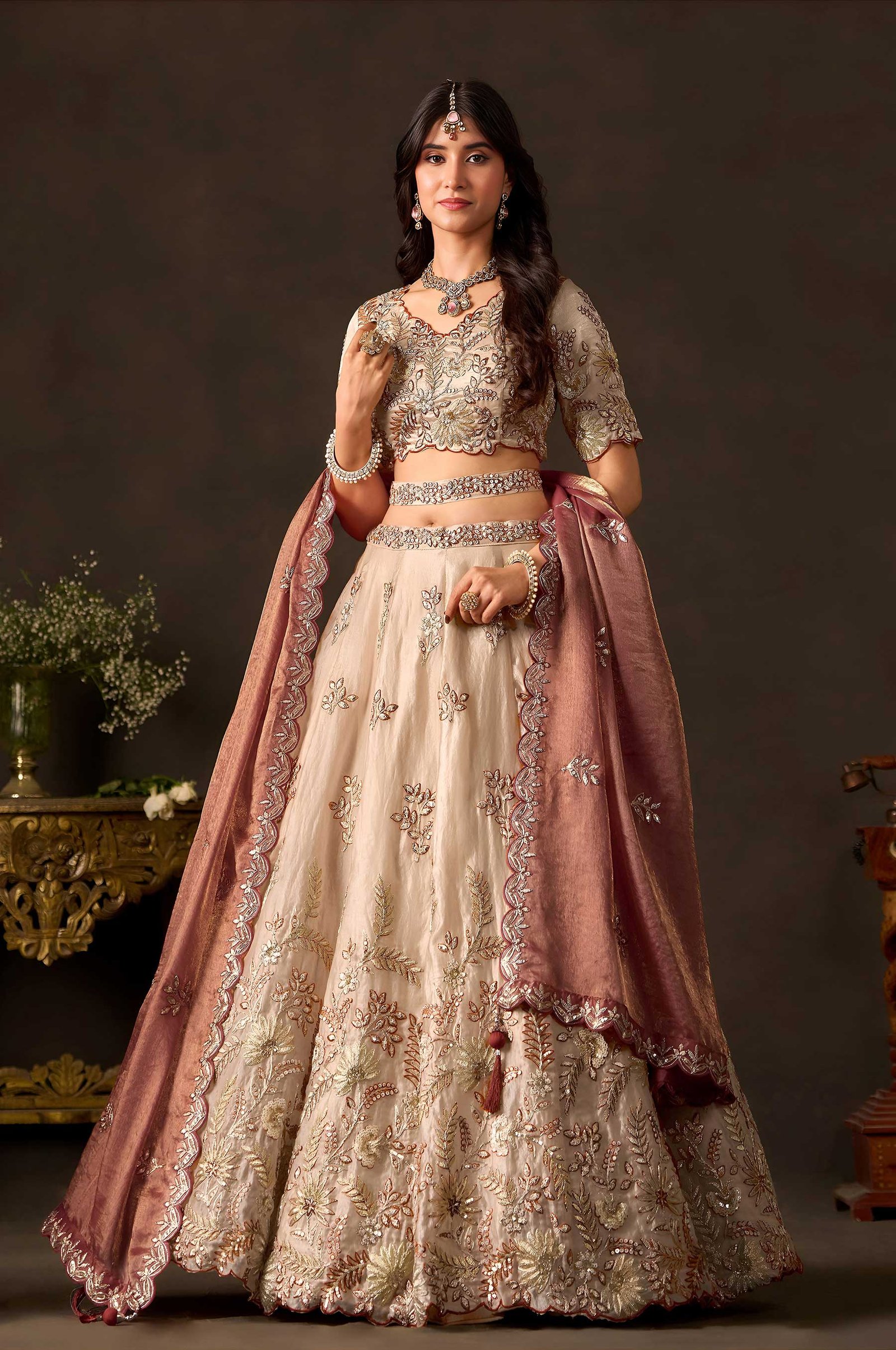 Copper Gold Designer Wedding Reception Lehenga Choli with Zari and Sequin Embroidery