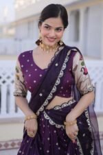 Designer-Wine-Dola-Silk-Lehenga-Choli-with-Meenakari,-Sequin-Embroidery-&-Dupatta