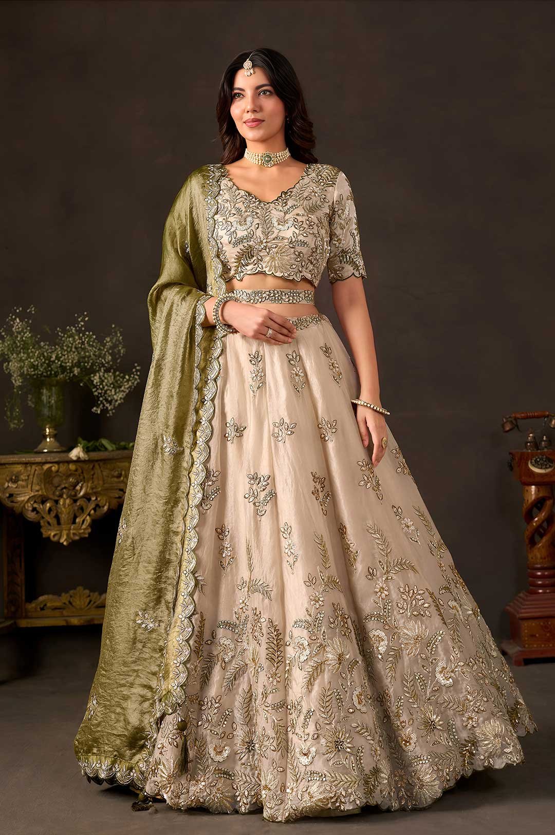 Olive Gold Designer Wedding Reception Lehenga Choli