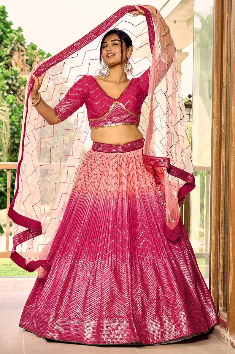 Pink Chinon Designer Lehenga Choli with Sequin & Thread Embroidery and Soft Net Dupatta
