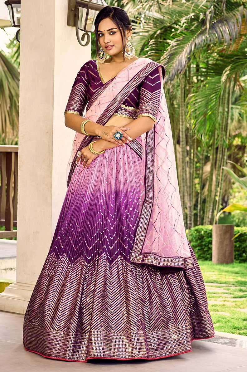 Purple Chinon Designer Lehenga Choli with Sequin & Thread Embroidery and Soft Net Dupatta