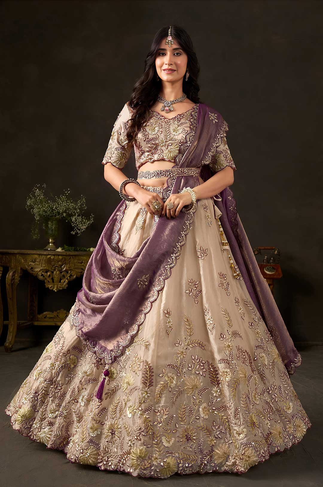 Purple Gold Designer Wedding Reception Lehenga Choli with Zari and Sequin Embroidery
